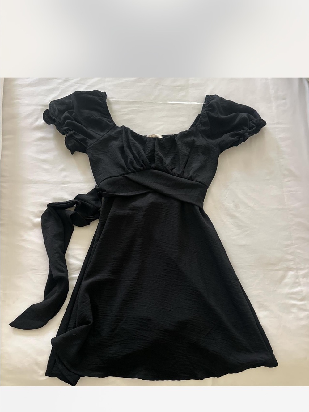 Black Puff-Sleeve Mini Dress with Tie Waist